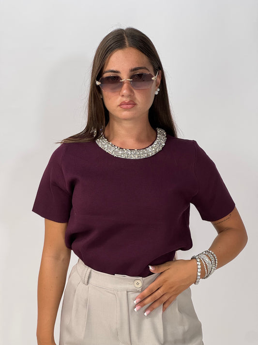 MAGLIONCINO GIROCOLLO DI STRASS PRUGNA