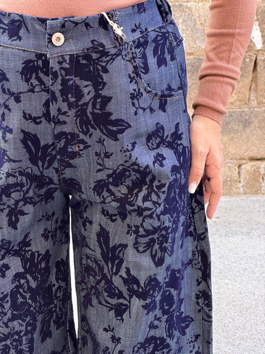 PANTALONE FIORI DI VELLUTO BLU