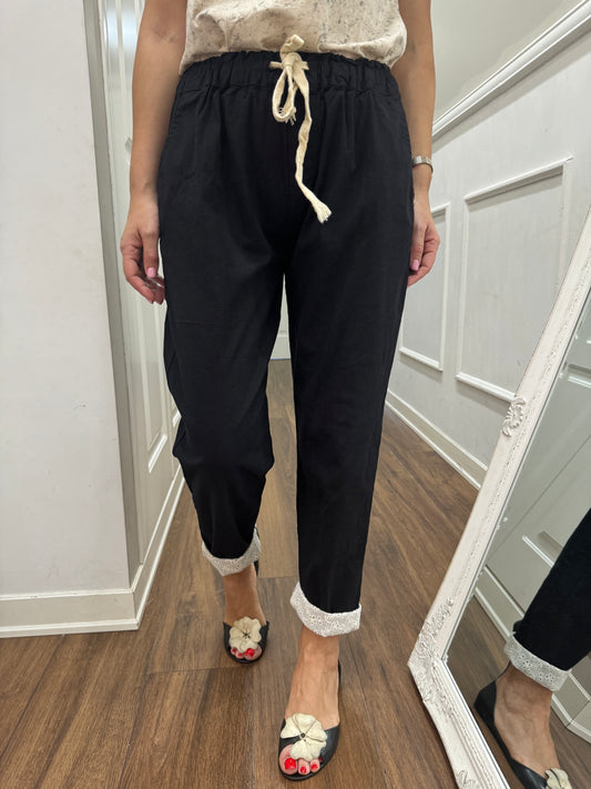 PANTALONE COTONE E PIZZO SANGALLO NERO