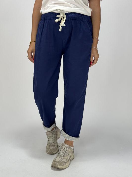 PANTALONE COTONE E PIZZO SANGALLO BLU