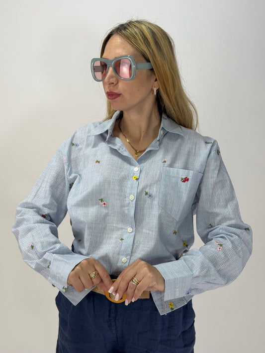 CAMICIA RIGHE FIORELLINI RICAMATI