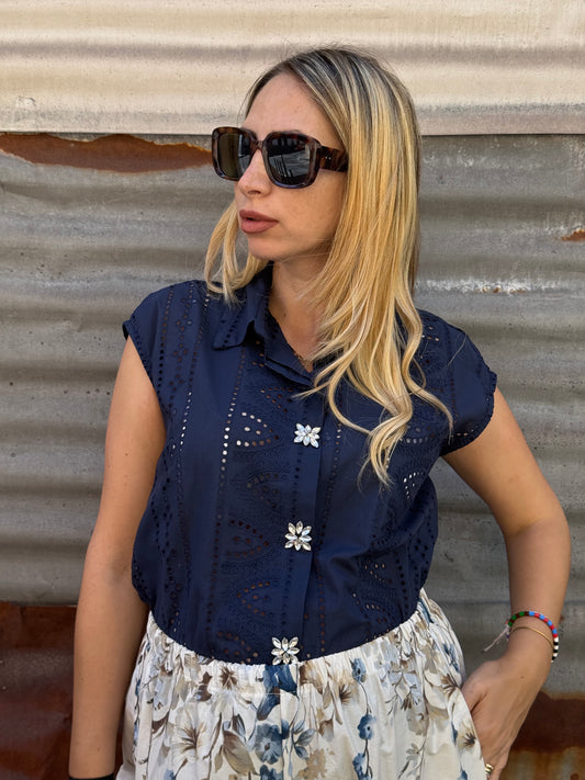 CAMICIA BLU PIZZO E STRASS