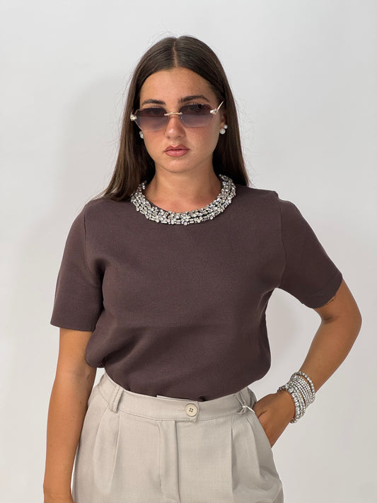 MAGLIONCINO GIROCOLLO DI STRASS CHOCO