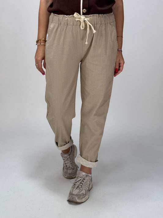 PANTALONE COTONE E PIZZO SANGALLO BEIGE