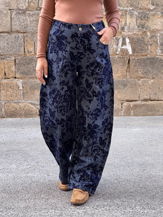 PANTALONE FIORI DI VELLUTO BLU