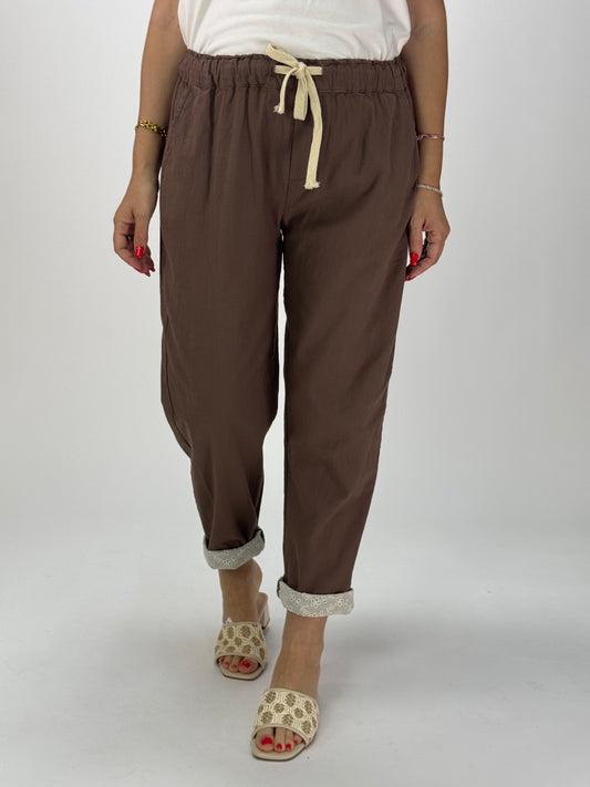 PANTALONE COTONE E PIZZO SANGALLO CHOCO