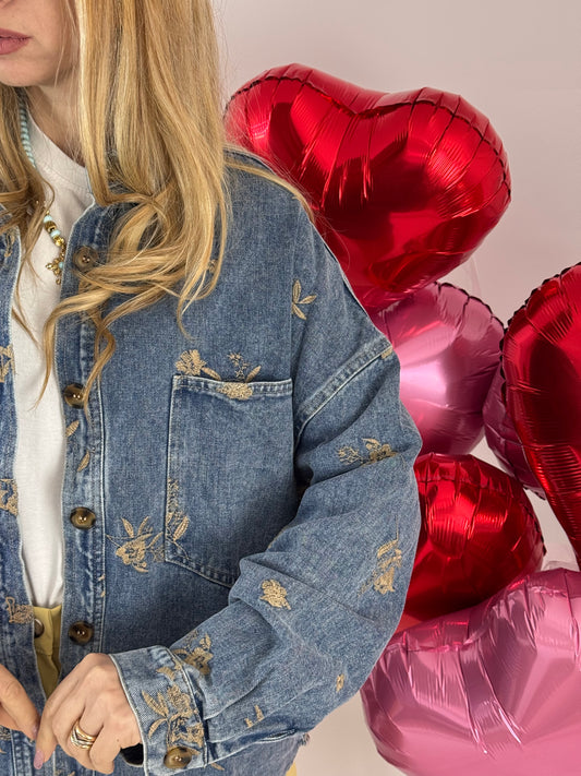 CAMICIONE JEANS FIORI IN RILIEVO