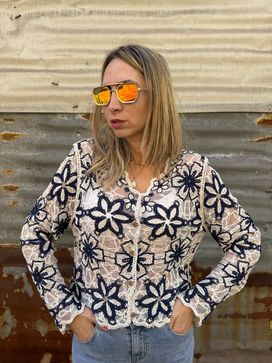 CARDIGAN FIORI RICAMATI BLU