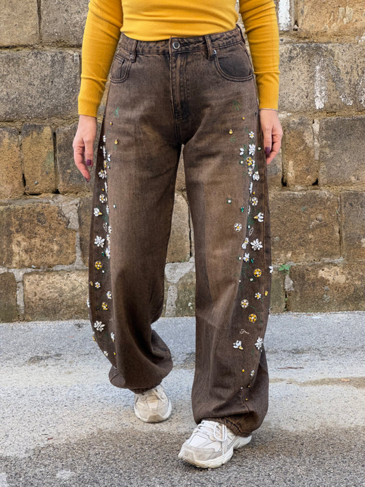 JEANS BALLOON FIORI LUMINOSI BROWN