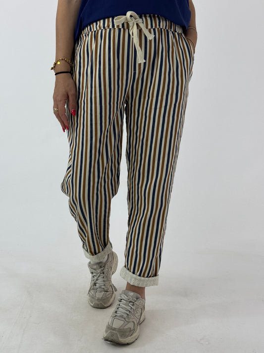 PANTALONE COTONE E PIZZO SANGALLO RIGHE BLU