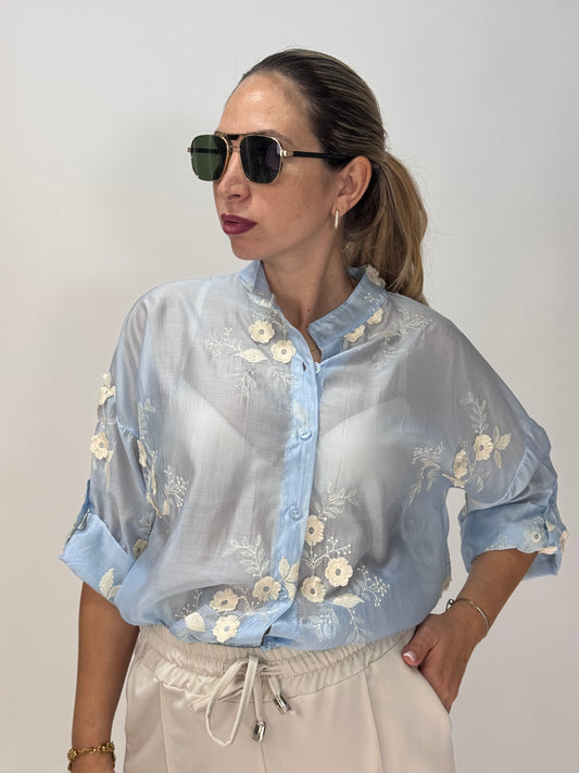 CAMICIA TENCEL AZZURRA RICAMI