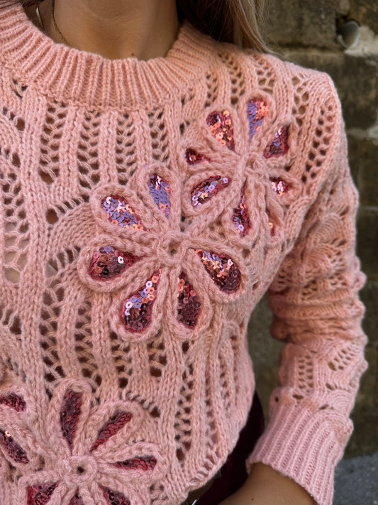 MAGLIONE FIORI PAILLETTES ROSA