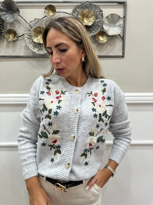 CARDIGAN FIORI RICAMATI-GRIGIO