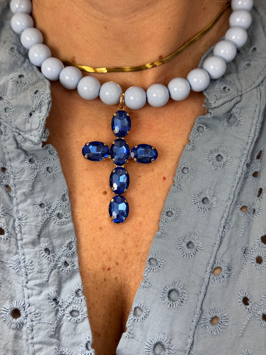 COLLANA PERLE AZZURRE E STRASS