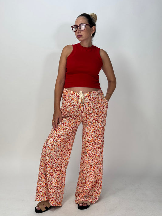 PANTALONE FIORI ROSSI