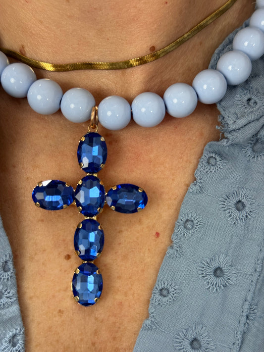 COLLANA PERLE AZZURRE E STRASS