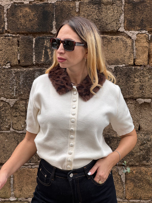 CARDIGAN COLLETTO IN ECOPELLICCIA BURRO