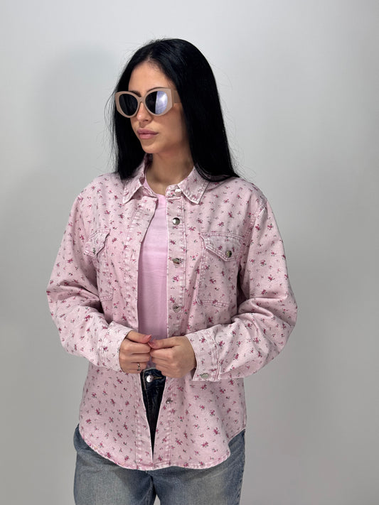 CAMICIONE JEANS FIORI ROSA