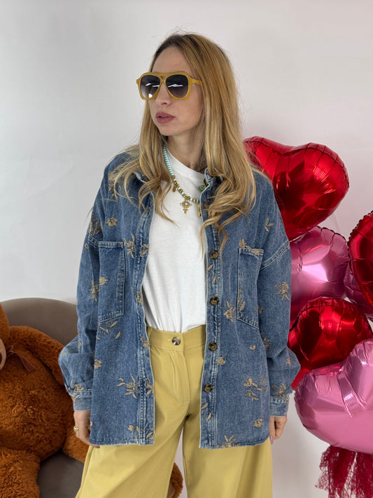CAMICIONE JEANS FIORI IN RILIEVO