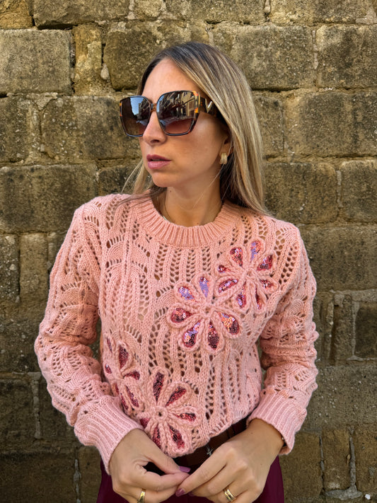 MAGLIONE FIORI PAILLETTES ROSA