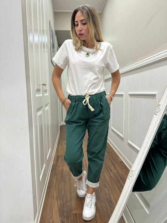 PANTALONE COTONE E PIZZO SANGALLO VERDE