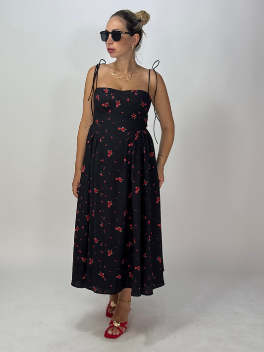 VESTITO NERO FIORI ROSSI