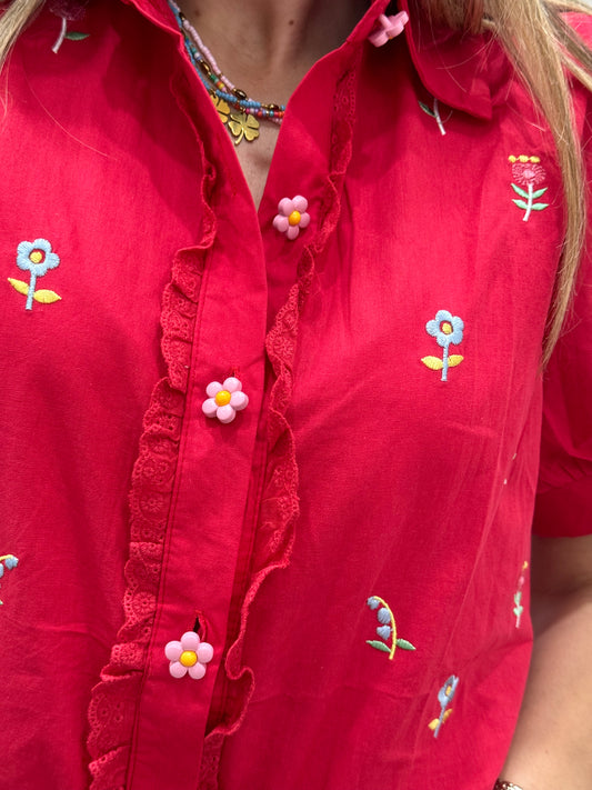 CAMICIA FIORELLINI RICAMATI ROSSA