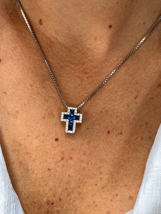 COLLANA CROCE STRASS BLU