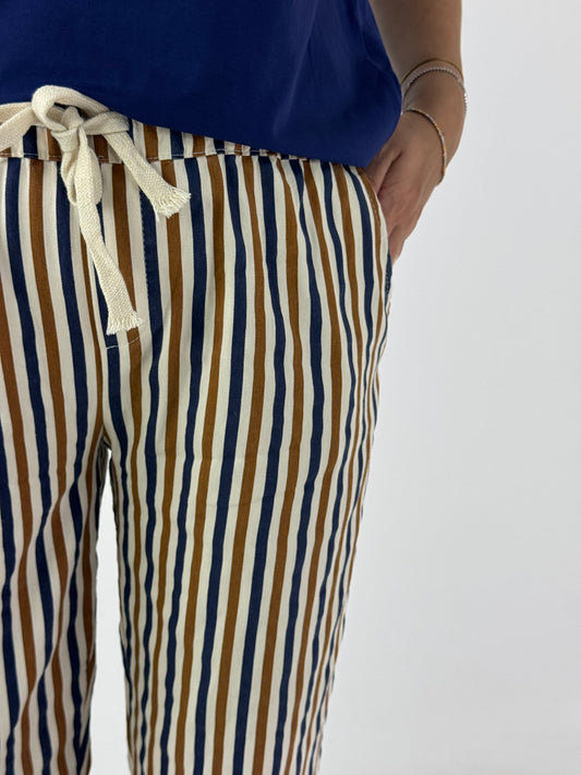 PANTALONE COTONE E PIZZO SANGALLO RIGHE BLU