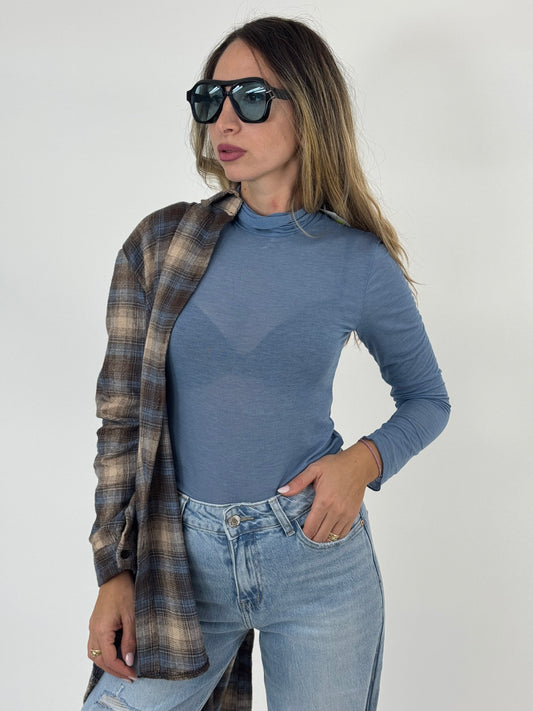 MAGLIETTINA COLLO ALTO MISTO CASHMERE AZZURRO POLVERE