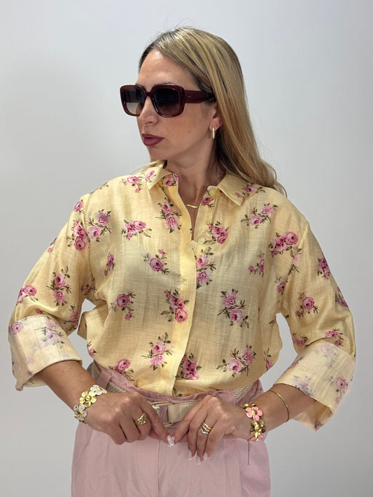 CAMICIA GIALLA FIORELLINI ROSA