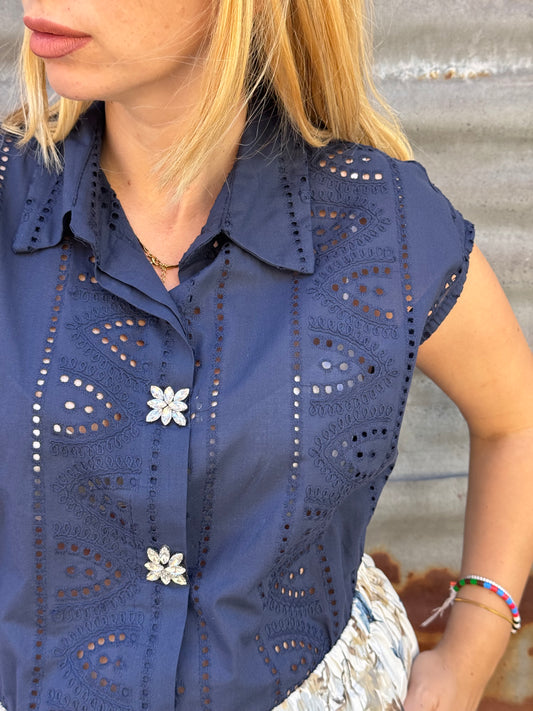 CAMICIA BLU PIZZO E STRASS