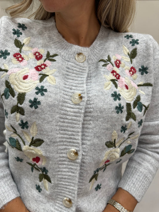 CARDIGAN FIORI RICAMATI-GRIGIO