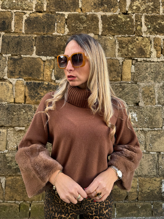 MAGLIONE MANICA PELUCHE CIOCCOLATO