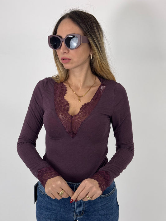 MAGLIA MISTO CASHMERE CON PIZZO PRUGNA