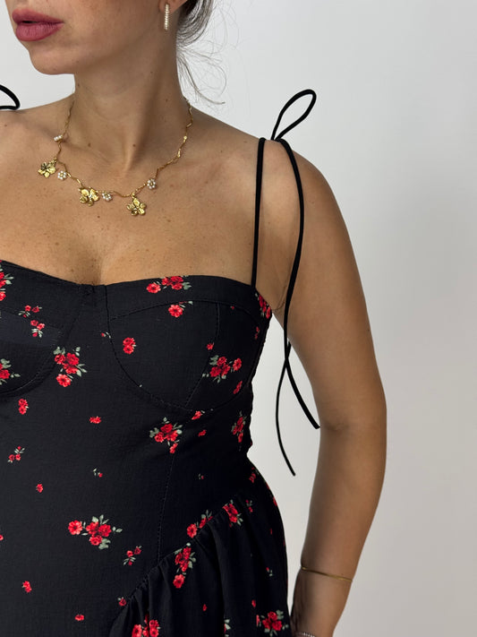 VESTITO NERO FIORI ROSSI