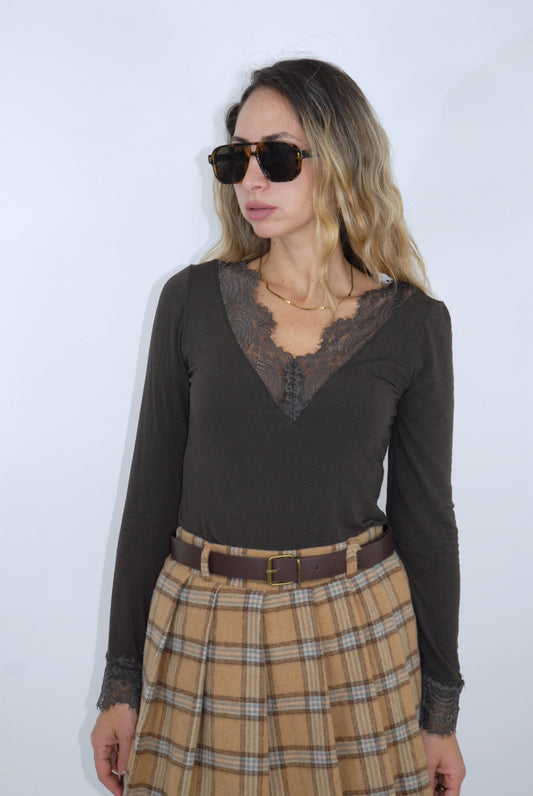 MAGLIA MISTO CASHMERE CON PIZZO CHOCO