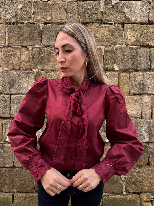 CAMICIA COTONE E PIZZO BORDEAUX