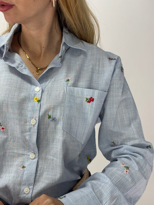 CAMICIA RIGHE FIORELLINI RICAMATI