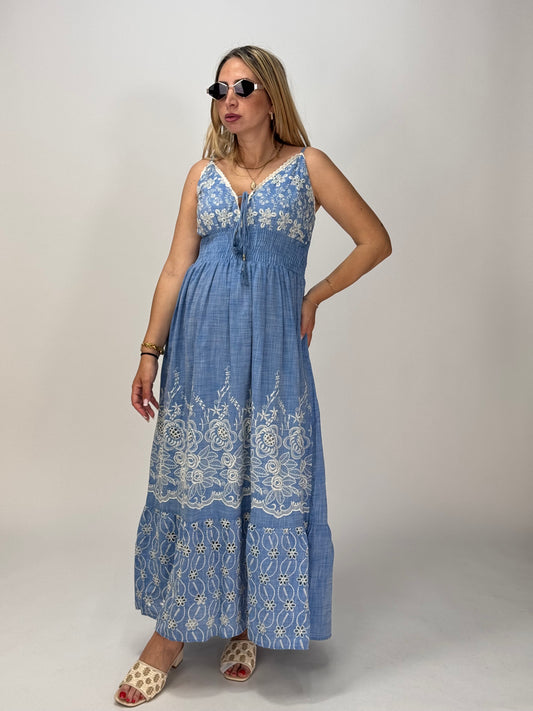 VESTITO AZZURRO RICAMI BURRO